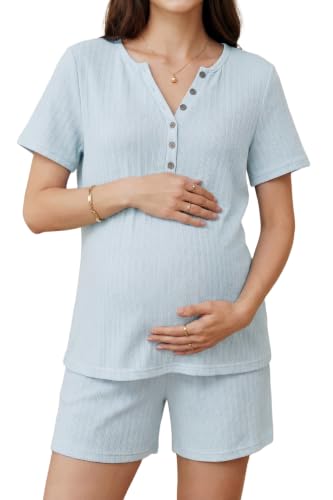 OUGES Women's 100% Soft Cotton Maternity Pajamas Sets Short Sleeve Pregnancy Postpartum 2 Piece Outfits Sleepwear - color: Light Blue, size: XX-Large