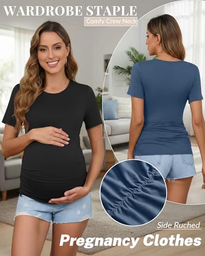 Ficerd 3 Pack Women's Maternity Side Ruched T-Shirts - color: Black, Haze Blue, Khaki, size: X-Large