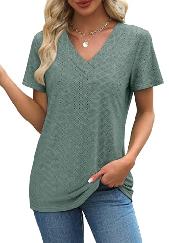 SAMPEEL Women's Eyelet Crossed V Neck Short Sleeve T-Shirt - color: Classic Green, size: 3X-Large
