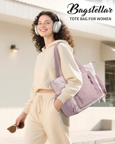Bagstellar Puffer Tote Bag for Women, Lightweight Puffy Work Laptop Handbag - color: Pink