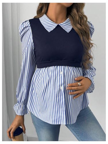WDIRARA Women's Maternity Striped Button Down Shirts Long Sleeve Collared Blouse 2 in 1 Nursing Top - color: Blue and White, size: Medium