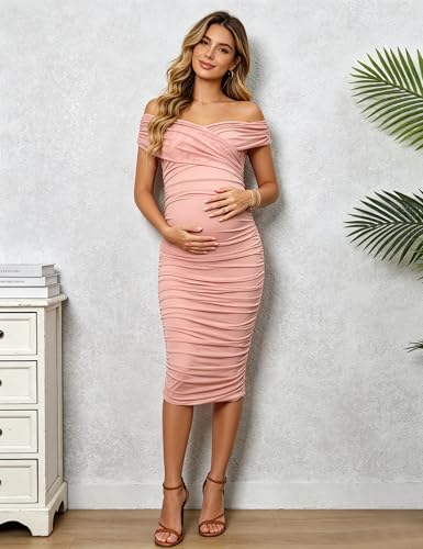 Maternity Midi Dress Off Shoulder Wrap Ruched Bodycon Shower Gown - size: Small
