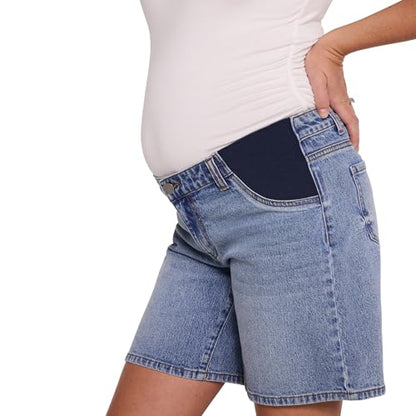 Motherhood Maternity Women's Under the Belly Bermuda Denim Pregnancy Shorts with Side Elastic Panel Insets - size: Medium