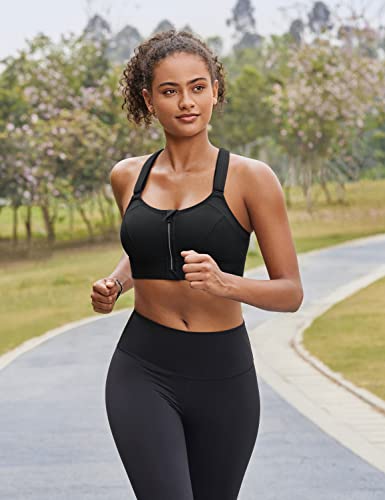 SYROKAN Zip Front Velcro Straps Sports Bra Plus Size - color: Black, size: 34C