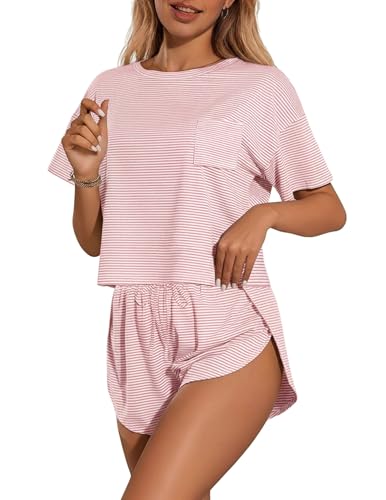 Ekouaer Womens Pajama Sets Sexy Lounge Sets Side Split Short Pj Sets - color: Pink and White Stripes, size: Medium