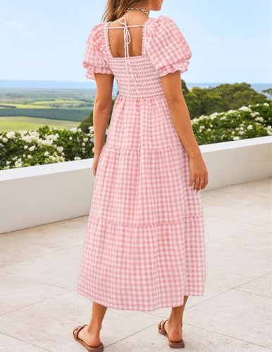 ZESICA Women's Summer Boho Gingham Puff Sleeve Square Neck Beach Midi Dress - color: Pink, size: Medium