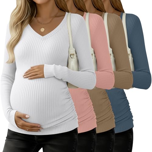 4 Pack Women's Maternity Shirts - color: White, Light Pink, Khaki, Haze Blue, size: Large