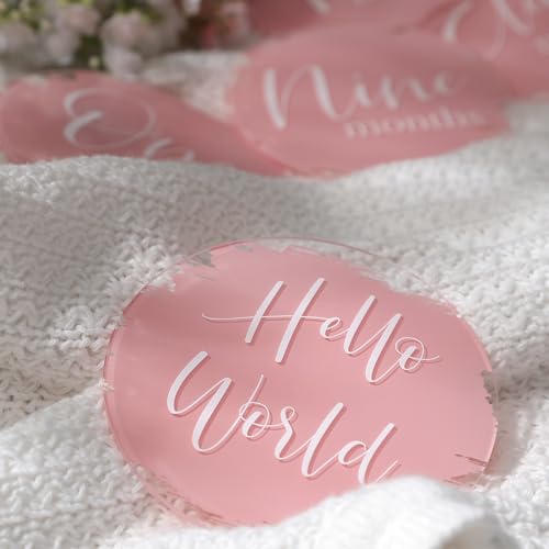UNIQOOO 13Pcs Pink Baby Monthly Milestone Marker Discs Handmade-Style Printed|Acrylic Milestone Cards for Baby Announcement | Gender-Neutral Gift for Newborn Boy and Girl, Baby First Year Photo Props - color: Pink