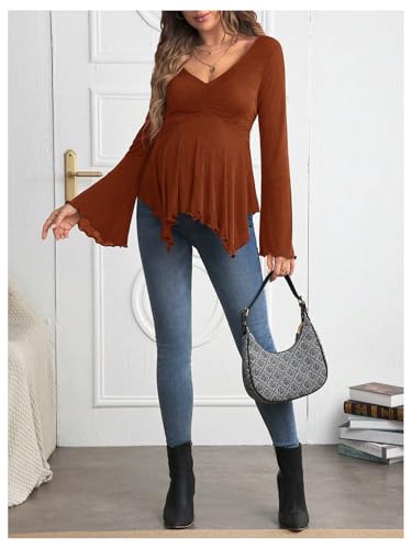BEAUDRM Women's Maternity Shirts Bell Long Sleeve Pregnancy Tops Ruched V Neck Asymmetrical T-Shirt - color: Rust Brown, size: Medium