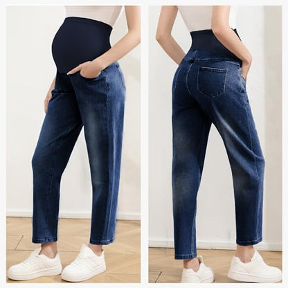 Women's Maternity Jeans Over Belly, Loose Pregnancy Pants with Pockets, Comfy Stretch Boyfriend Jeans - size: XX-Large