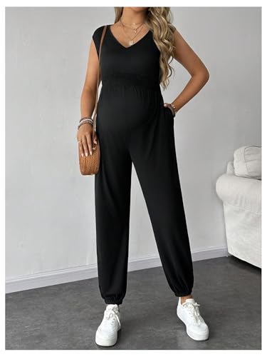 Milumia Women's Maternity Jumpsuit Pregnancy Romper Sleeveless Baggy Pants - color: Black, size: Small