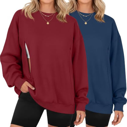 Locoowai 2 Pack Women's Oversize Nursing Sweatshirts - color: Wine Red, Navy Blue, size: Small