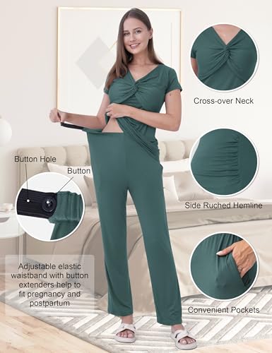 3-Piece Maternity Nursing Pajamas Set for Pregnancy & Postpartum - color: Teal, size: Large