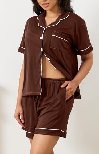 Vopmocld Women Pajama Shorts Sets Cozy 2pcs Button Down Sleepwear Solid PJS - color: Brown, size: X-Large