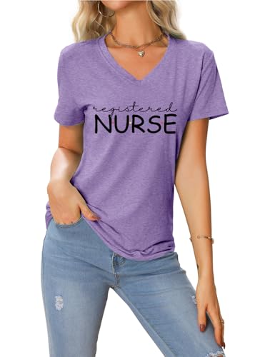 Registered Nurse Shirt Women Cute Nurse Tshirt Nursing Work - color: Purple, size: XX-Large