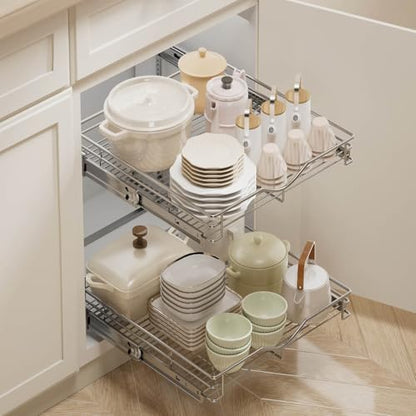 DINDON 2 Tier Pull Out Cabinet Organizer (20" W X 21" D), Double Tier Wire Basket Slide Out Shelf Storage for Kitchen Base Cabinet Organization for Kitchen, Pantry, Bathroom, Chrome - size: 20" W X 21" D