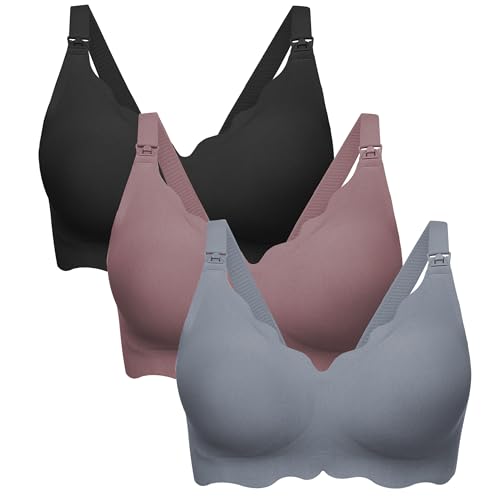 Angelhood Nursing Bras for Breastfeeding 3 Pack Seamless Maternity Bra - color: Black/Mauve/Blue, size: Medium
