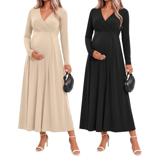 Neer 2 Pcs Maternity Maxi Dresses Long Sleeve Fall Nursing Dress - color: Cream, Black, size: Small