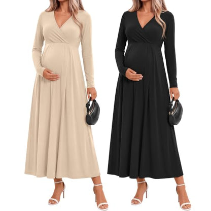 Neer 2 Pcs Maternity Maxi Dresses Long Sleeve Fall Nursing Dress - color: Cream, Black, size: Small