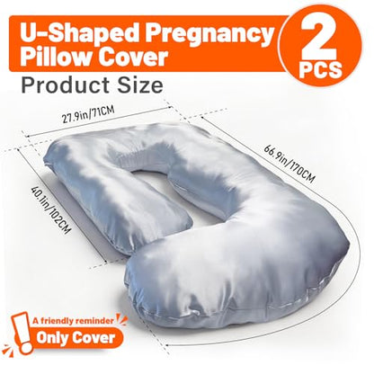 JZHLLA Maternity Pillow Cover, Silky Satin Fabric Removable & Washable U-Shaped Smooth Pregnancy Pillow Cover with Hidden Zip(Grey,2 PCS)