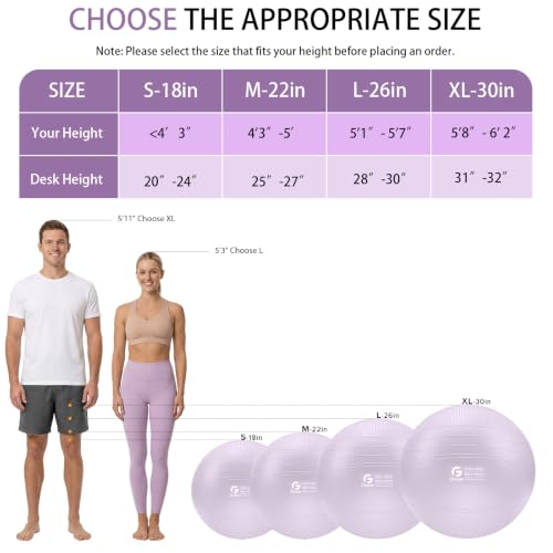 Gruper Yoga Ball, Extra Thick Non Slip Exercise Ball, 4 Sizes - color: Lavender, size: 30 Inch (75cm),xl