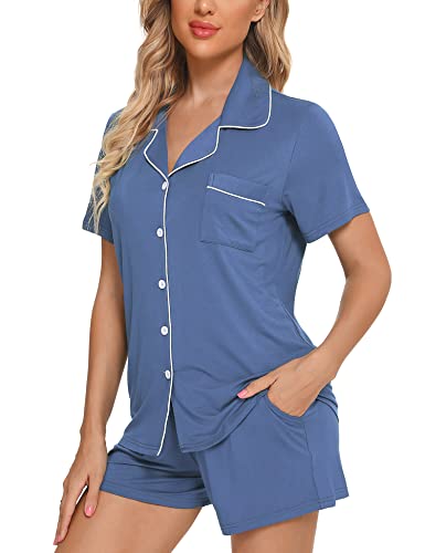 Anjue Womens Pajamas Set Short Sleeve Button Down Soft Pj Sets S-XXL - color: A.blue, size: Small