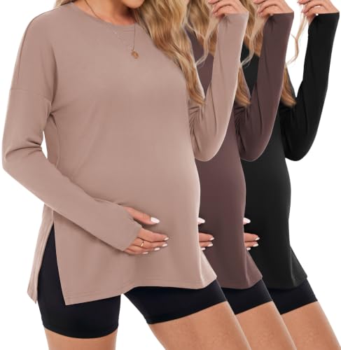 3 Pack Women Maternity Shirts Long Sleeve Pregnancy Tops with Thumb Hole - color: Black/Brown/Khaki, size: Medium