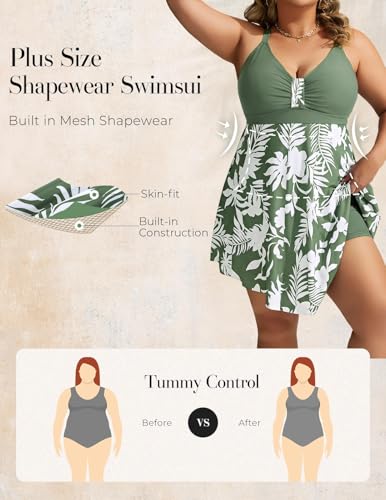 Hanna Nikole Women Plus Size Swimsuit One Piece Tummy Control Bathing Suit - color: Green White Print, size: Small
