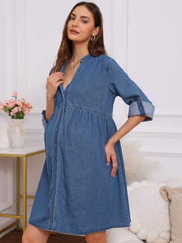 Women's Maternity Denim Dress Babydoll Long Sleeve Cotton Button Down Shirt Dresses Fall - color: Blue, size: Small