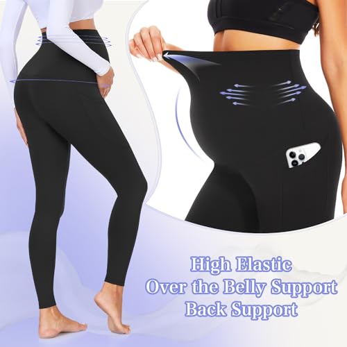 GROTEEN 3 Pack Maternity Leggings with Pockets Over Belly Yoga Pants - color: 04-black/Light Blue/Turquoise Blue, size: Small