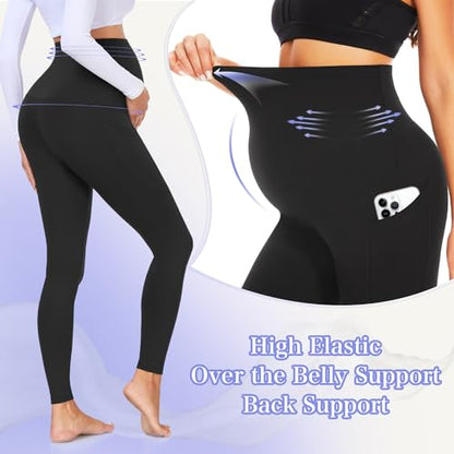 GROTEEN 3 Pack Maternity Leggings with Pockets Over Belly Yoga Pants - color: 04-black/Light Blue/Turquoise Blue, size: X-Large