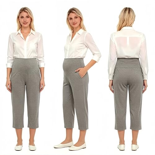 Maternity Capri Pants, Over The Belly Pregnancy Pants with Pocket - color: Gray, size: Small