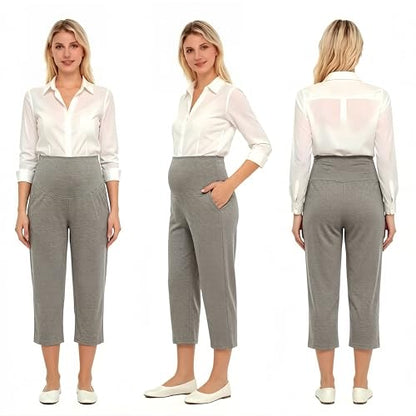 Maternity Capri Pants, Over The Belly Pregnancy Pants with Pocket - color: Gray, size: X-Large