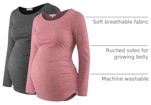 Maternity Shirt Long Sleeve Basic Top Ruch Sides Bodycon Tshirt for Pregnant Women - color: Dark Grey/Rose, size: Large
