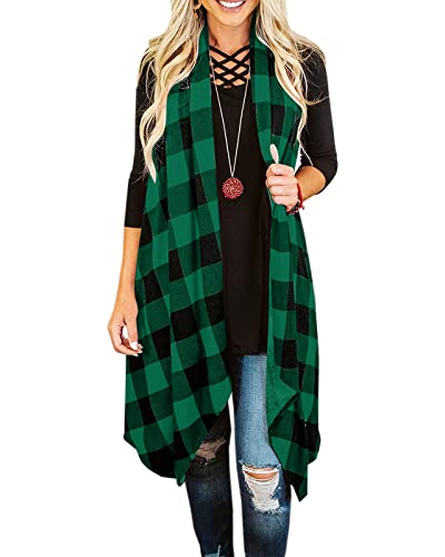 Ivay Womens Plaid Open Front Sweaters Sleeveless Duster Cardigans Drape Lightweight Vest Coat with Pockets - color: Green, size: Medium