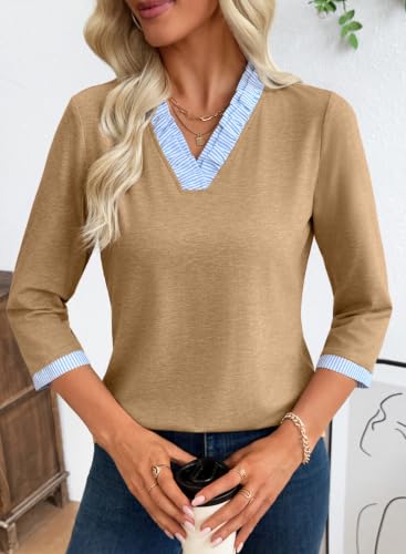 EVALESS Womens Tops Striped Colorblock V Neck 3/4 Sleeve Blouses Tunics - color: Clay, size: Medium