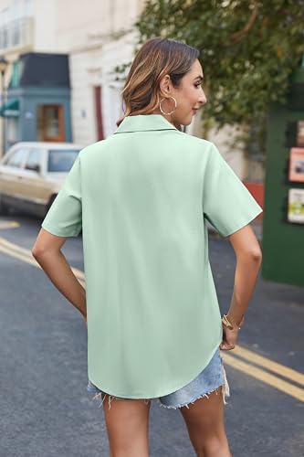 HOTOUCH Women Cotton Button Down Shirts Short Sleeve Linen Blouses Tops - color: Light Green, size: Small