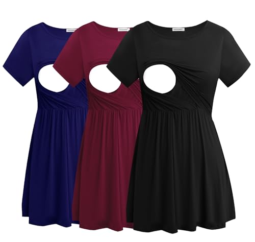 Smallshow Women's Nursing Tops Short Sleeve Breastfeeding Shirt 3 Pack - color: Black-navy-maroon(3 Packs), size: Medium