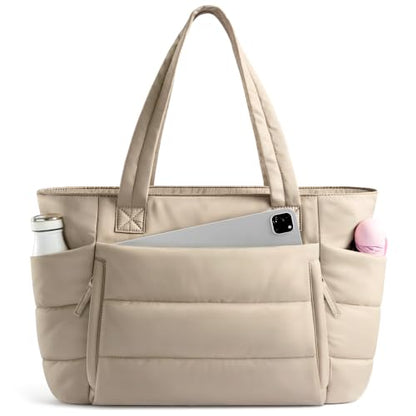 Uselike Tote Bag for Women with Zipper, Quilted Puffer Tote Bag with Compartments, Lightweight Puffy Work Bags for Women - color: Desert