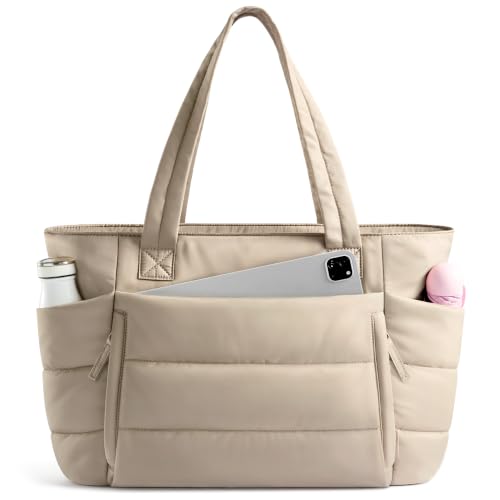 Uselike Tote Bag for Women with Zipper, Quilted Puffer Tote Bag with Compartments, Lightweight Puffy Work Bags for Women - color: Desert