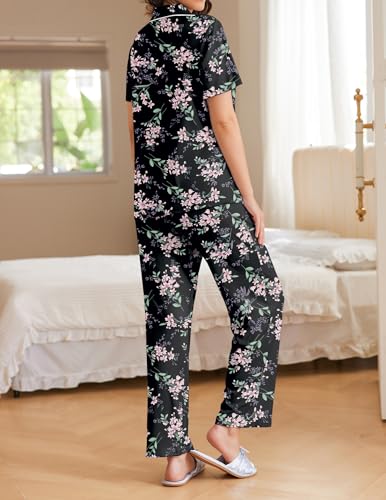 Ekouaer Womens Pajamas Set Short Sleeve Button Down Top & Pants Lounge Pjs - color: Big Black Flowers, size: Medium