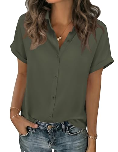 Zeagoo Short Sleeve Summer Tops for Women Button Down Shirts Work Blouses - color: Army Green, size: Medium