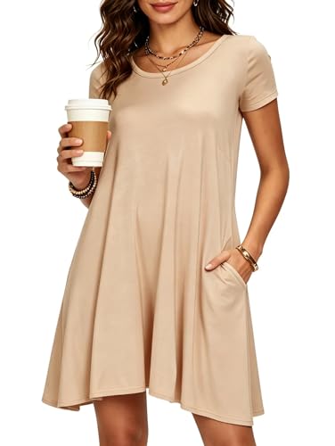Afibi Womens Short Sleeve Loose Pockets Dress Casual Swing T-Shirt Dresses - color: Tan, size: Large