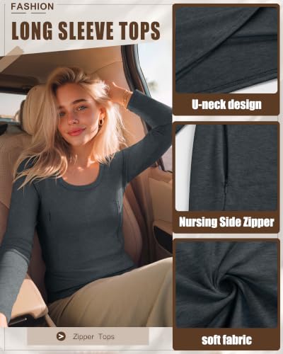 3 Pack Women's Long Sleeve Nursing Tops - color: Dark Gray, Light Camel, Dark Brown, size: Small