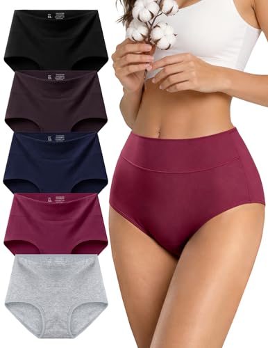 High Waisted Cotton Underwear for Women Full Coverage Panties - color: Mix2(pack-5), size: Large