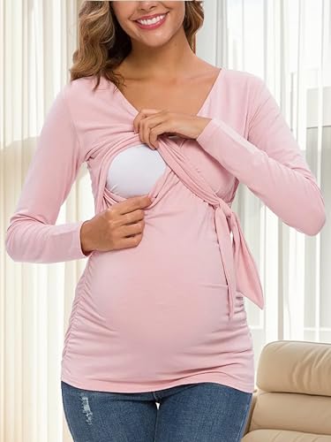 Glampunch Maternity Shirts Short & Long Sleeve Wrap Maternity Tops - color: 06-dark Pink, size: Medium