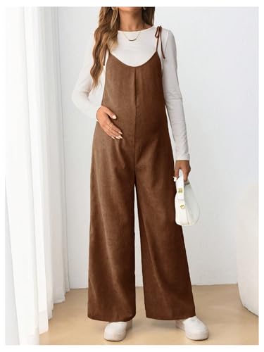 OYOANGLE Women's Maternity Overalls Spaghetti Strap Pregnancy Jumpsuits - color: Brown, size: X-Large