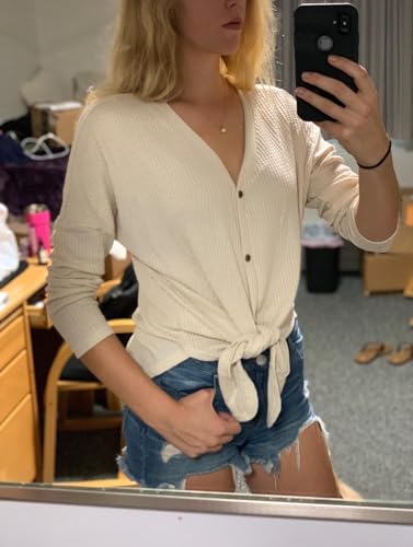 IWOLLENCE Womens Button Down Henley Long Sleeve Blouse - color: Oatmeal, size: Large