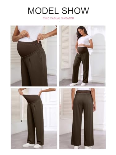 BLENCOT Maternity Pants Over Belly Stretchy Wide Leg Work Trousers - color: Brown, size: XX-Large