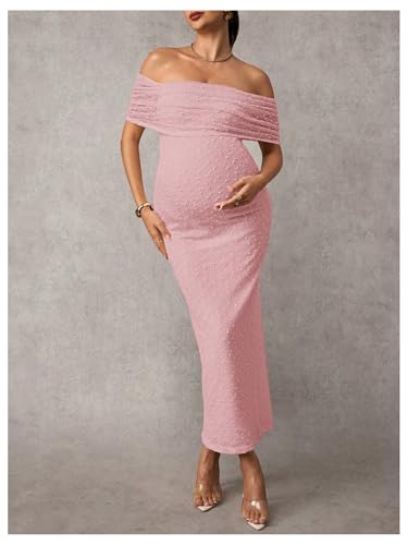 SweatyRocks Women's Maternity Off The Shoulder Dress Bodycon Maxi Dresses - color: Light Pink, size: Small